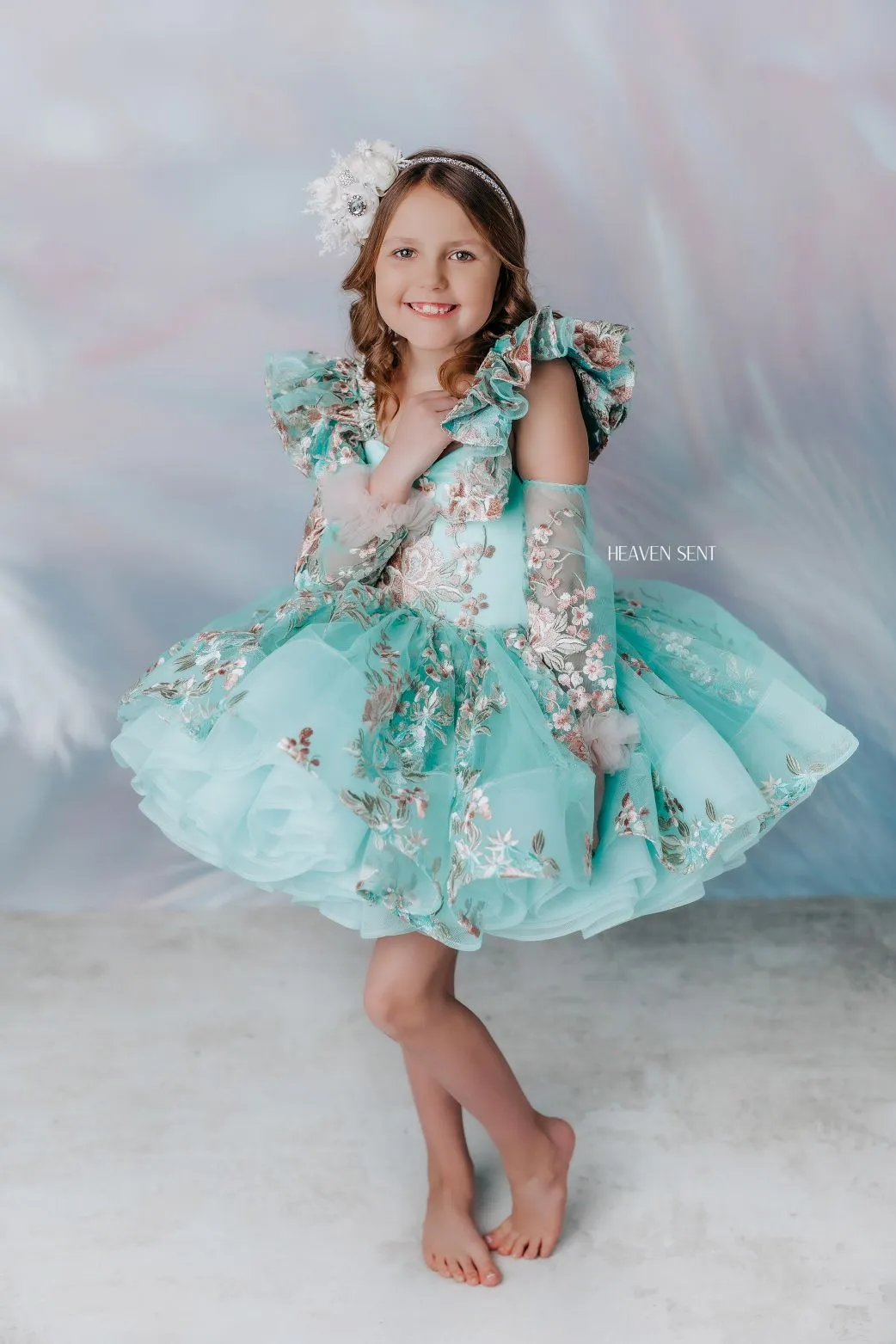 "Brynn" in Seafoam   detachable sleeves -  Petal Short Length Dress ( 7 Year - Petite 8 Year)