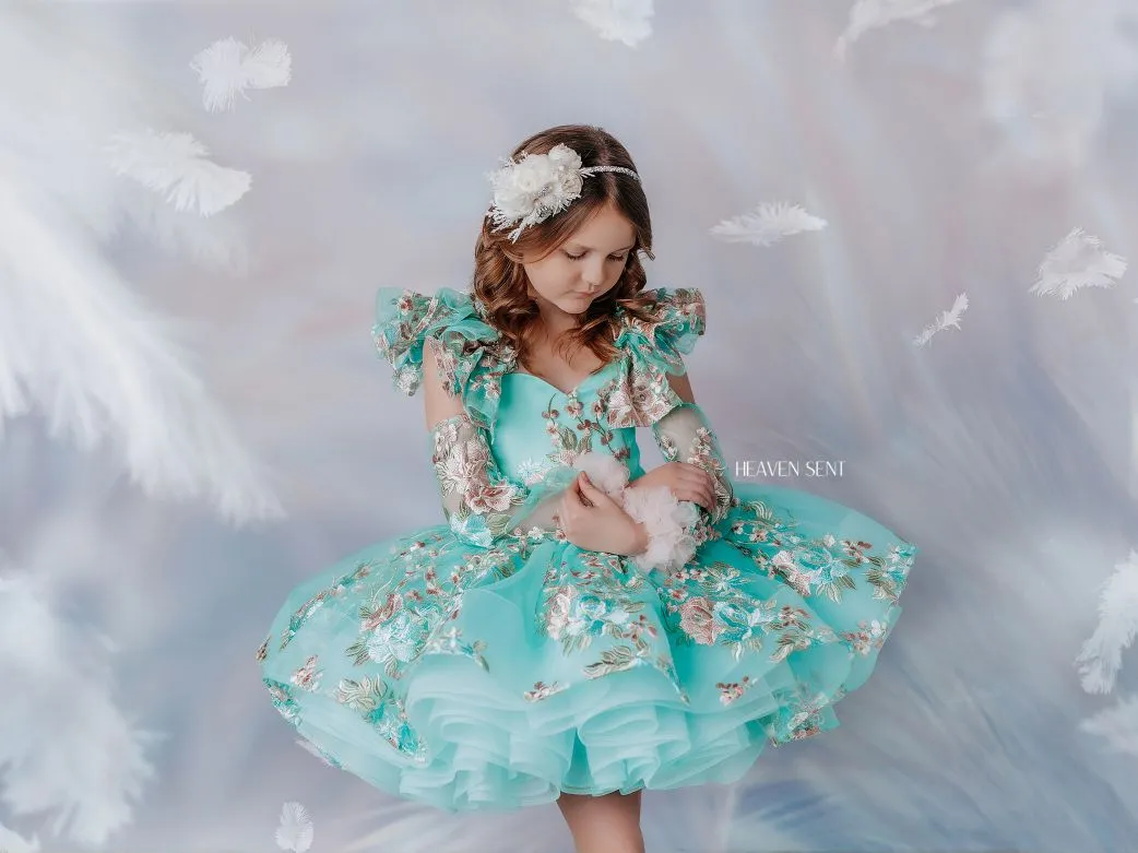 "Brynn" in Seafoam   detachable sleeves -  Petal Short Length Dress ( 7 Year - Petite 8 Year)
