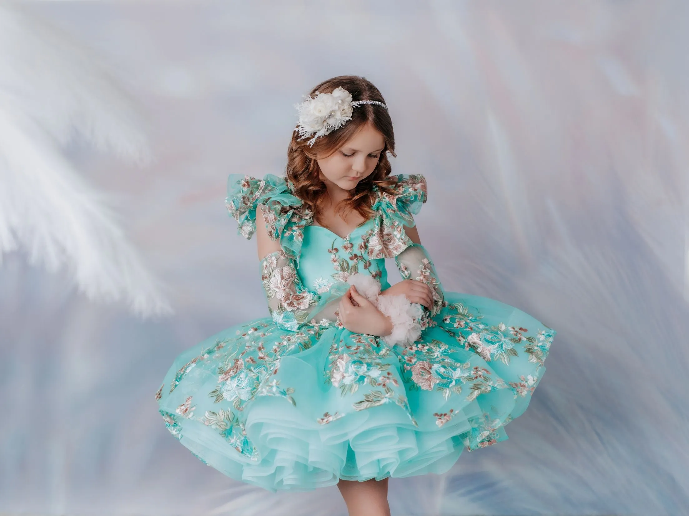 "Brynn" in Seafoam   detachable sleeves -  Petal Short Length Dress ( 7 Year - Petite 8 Year)
