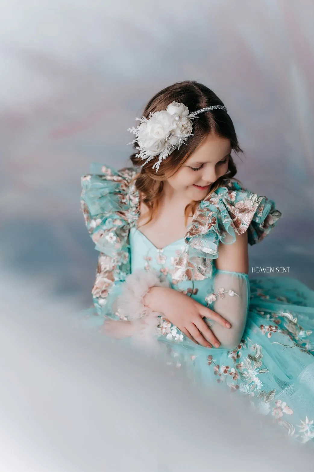 "Brynn" in Seafoam   detachable sleeves -  Petal Short Length Dress ( 7 Year - Petite 8 Year)