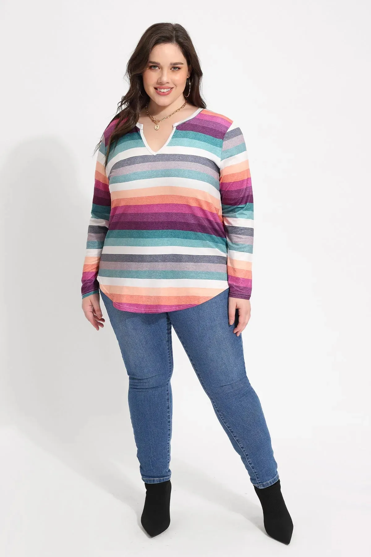 Rainbow Stripe V-neck Elastic Loose Shirt Top