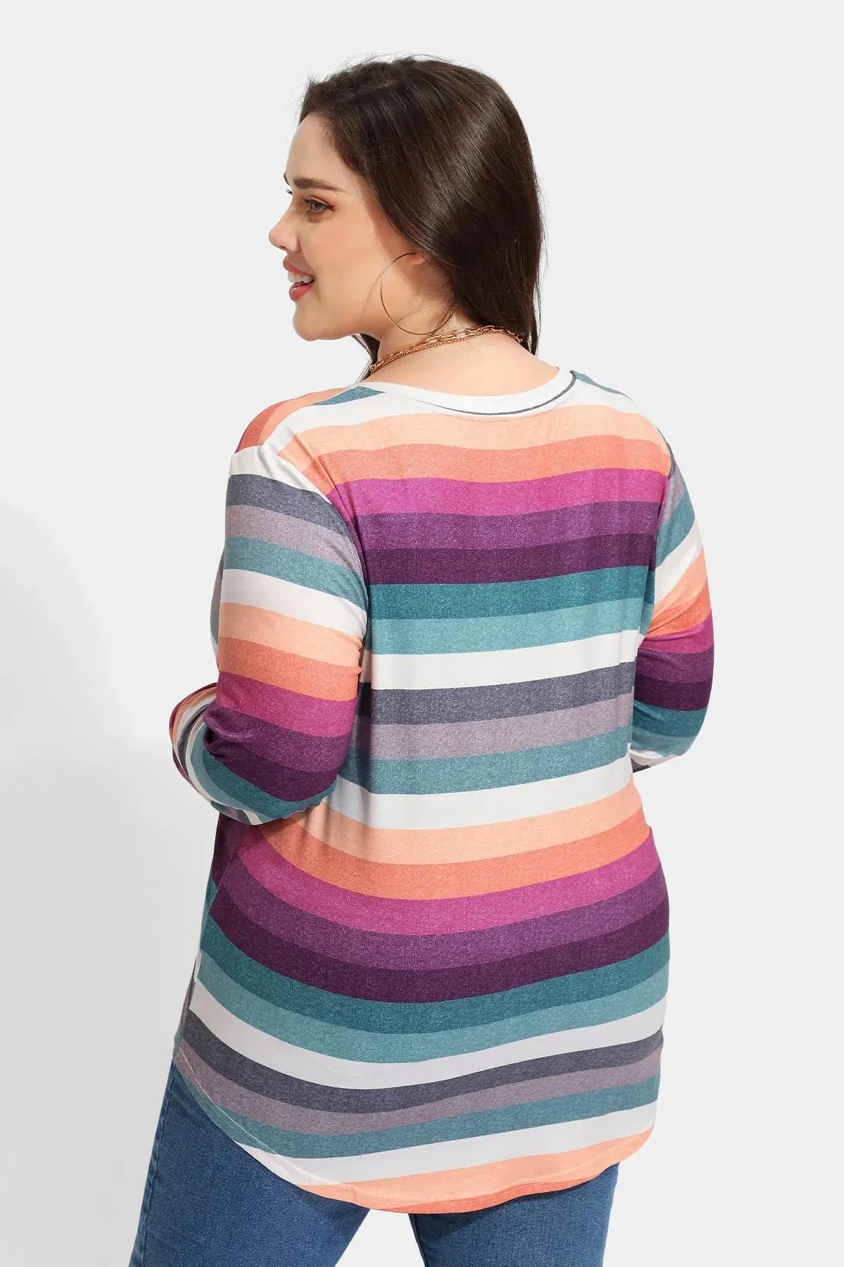 Rainbow Stripe V-neck Elastic Loose Shirt Top