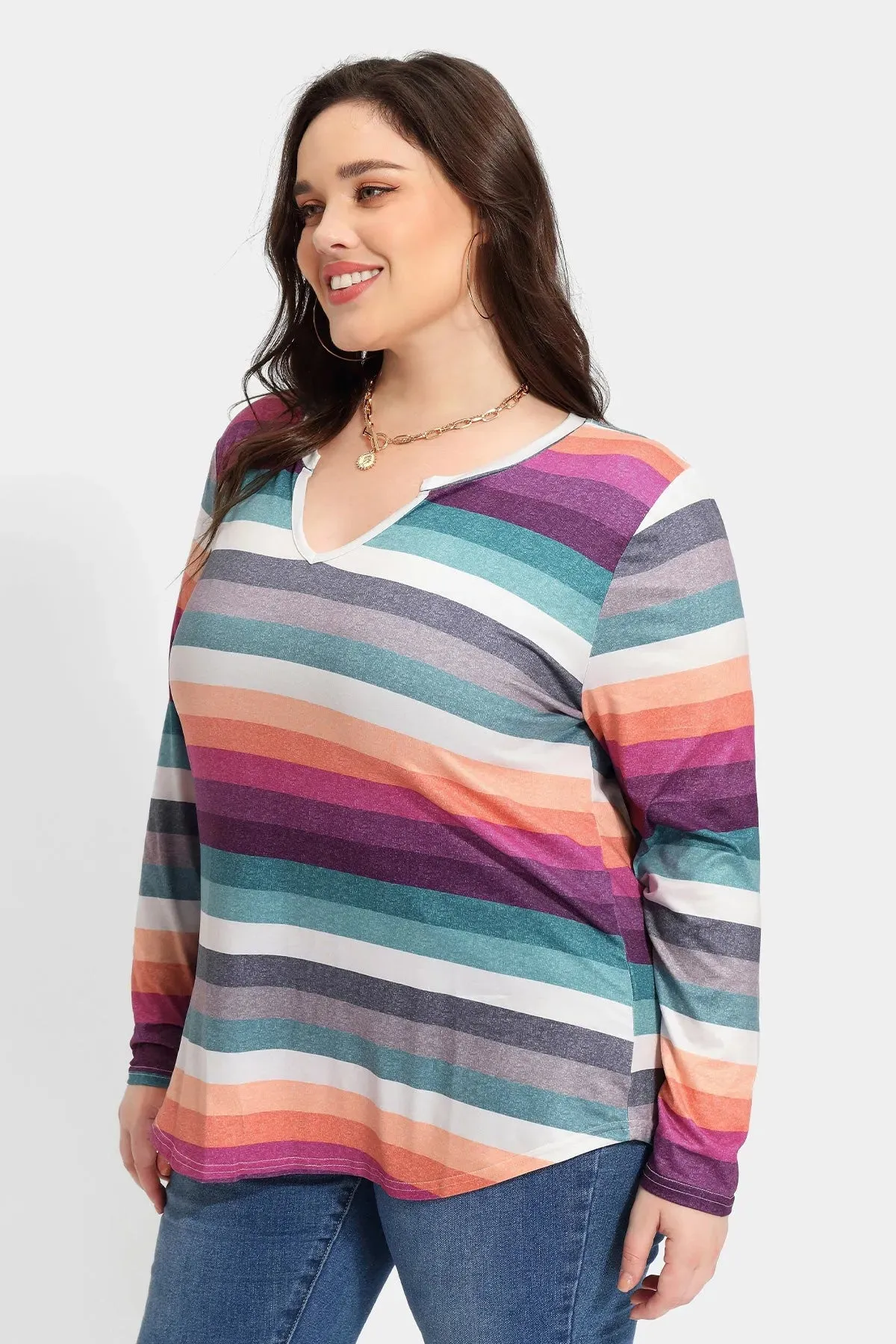 Rainbow Stripe V-neck Elastic Loose Shirt Top