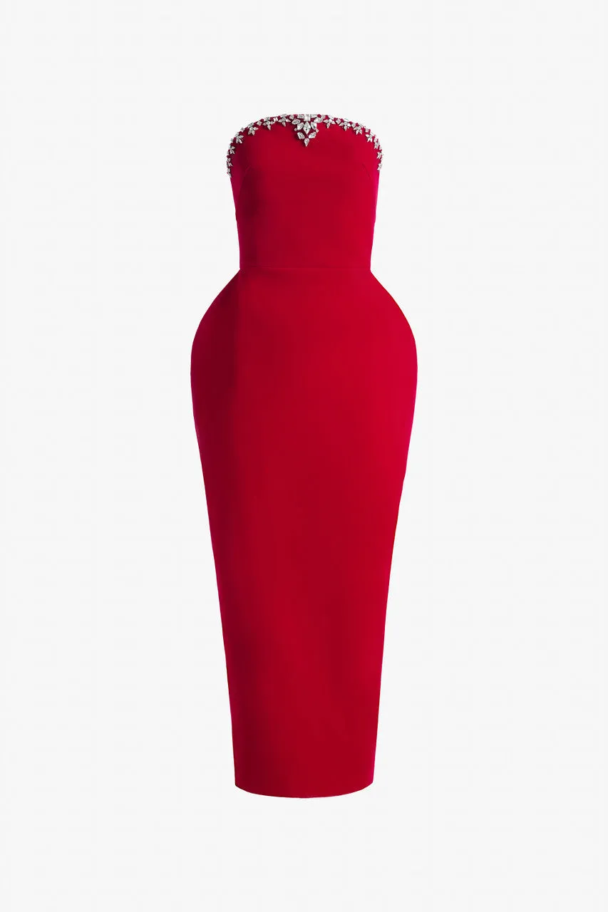Red Velvet Dome-Neckline Bodycon Dress