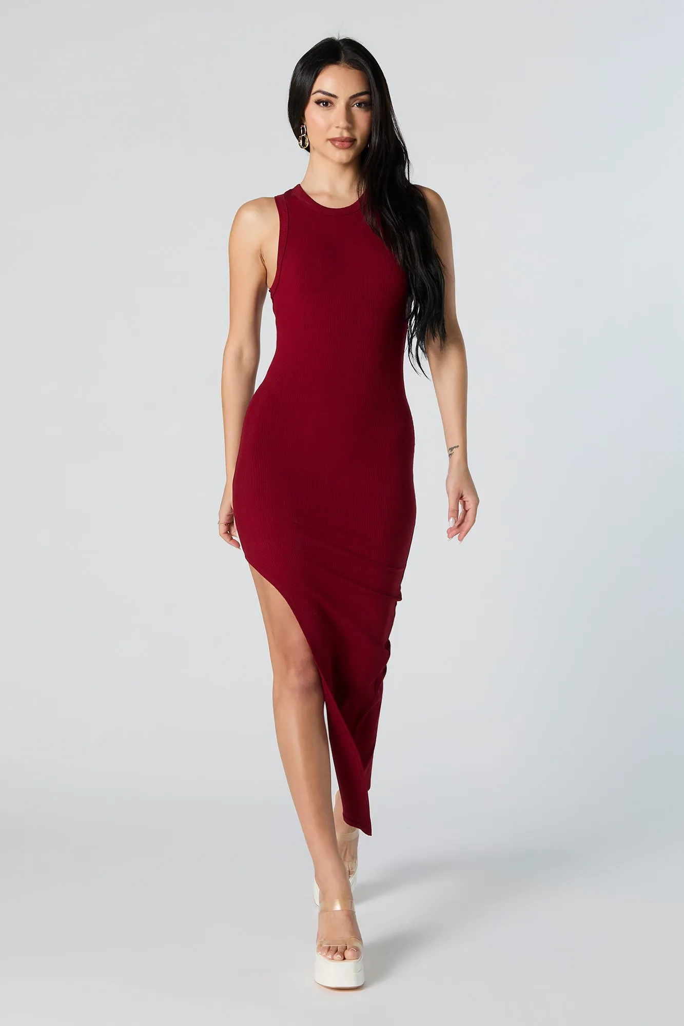 Ribbed Asymmetrical Midi Dress