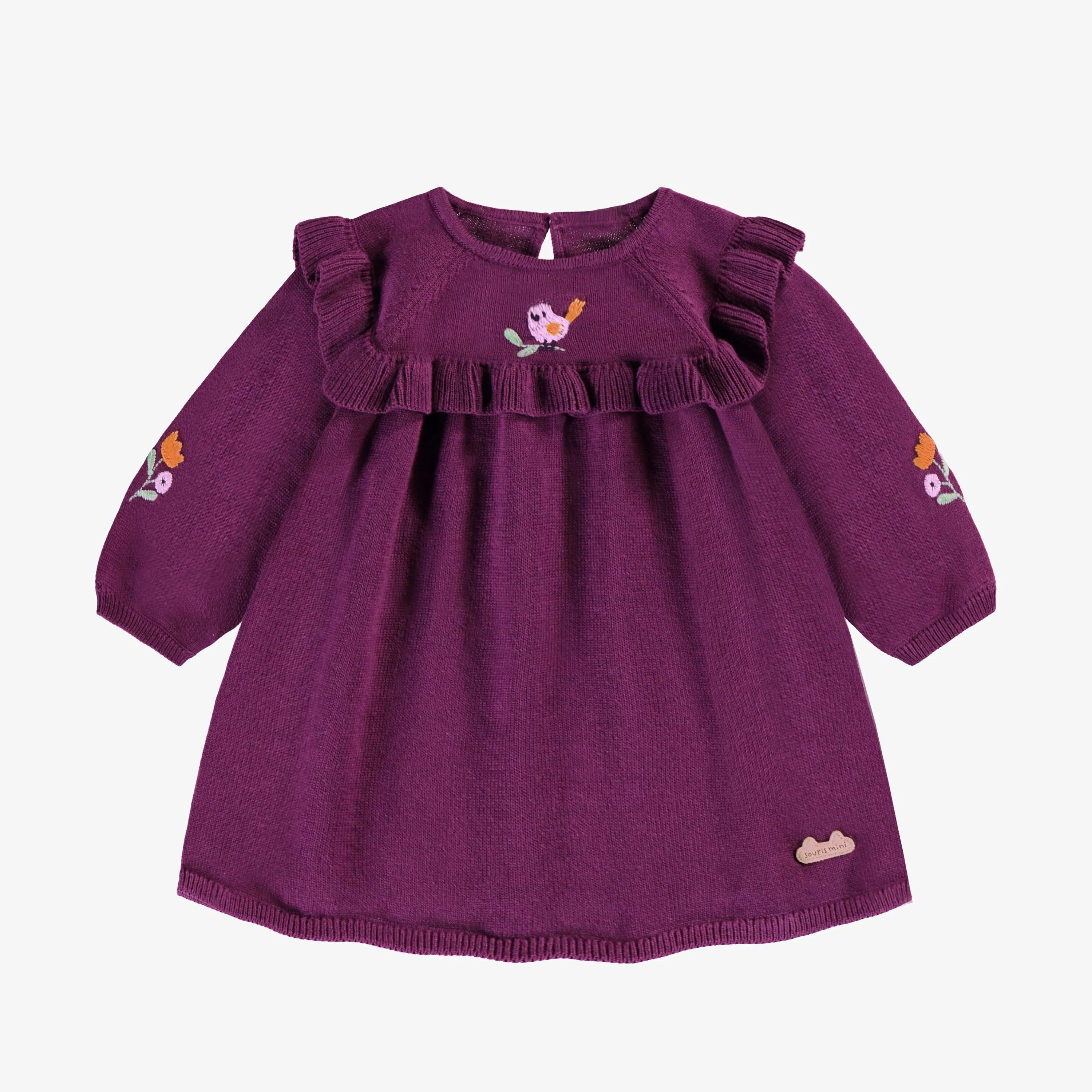 Robe en tricot mauve foncé avec broderies, naissance || Dark purple knit dress with embroidery, newborn