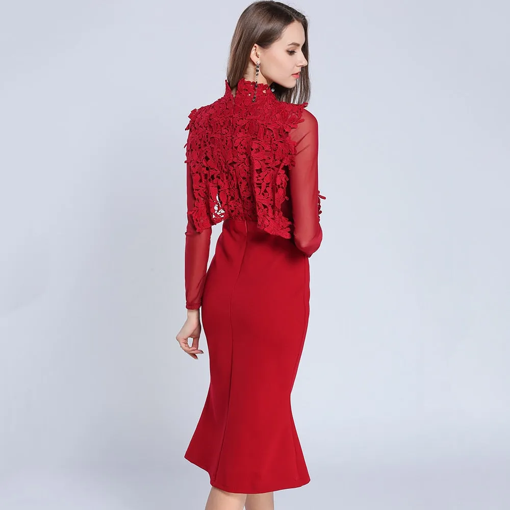 Ruffles Hollow Out Lace Bodycon Dress