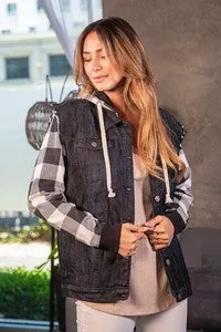 Sew In Love Black Washed Denim Jacket With Plaid Sleeves And Hood