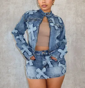Sexy Denim Cross 2pc Jacket & Mini Skirt Set