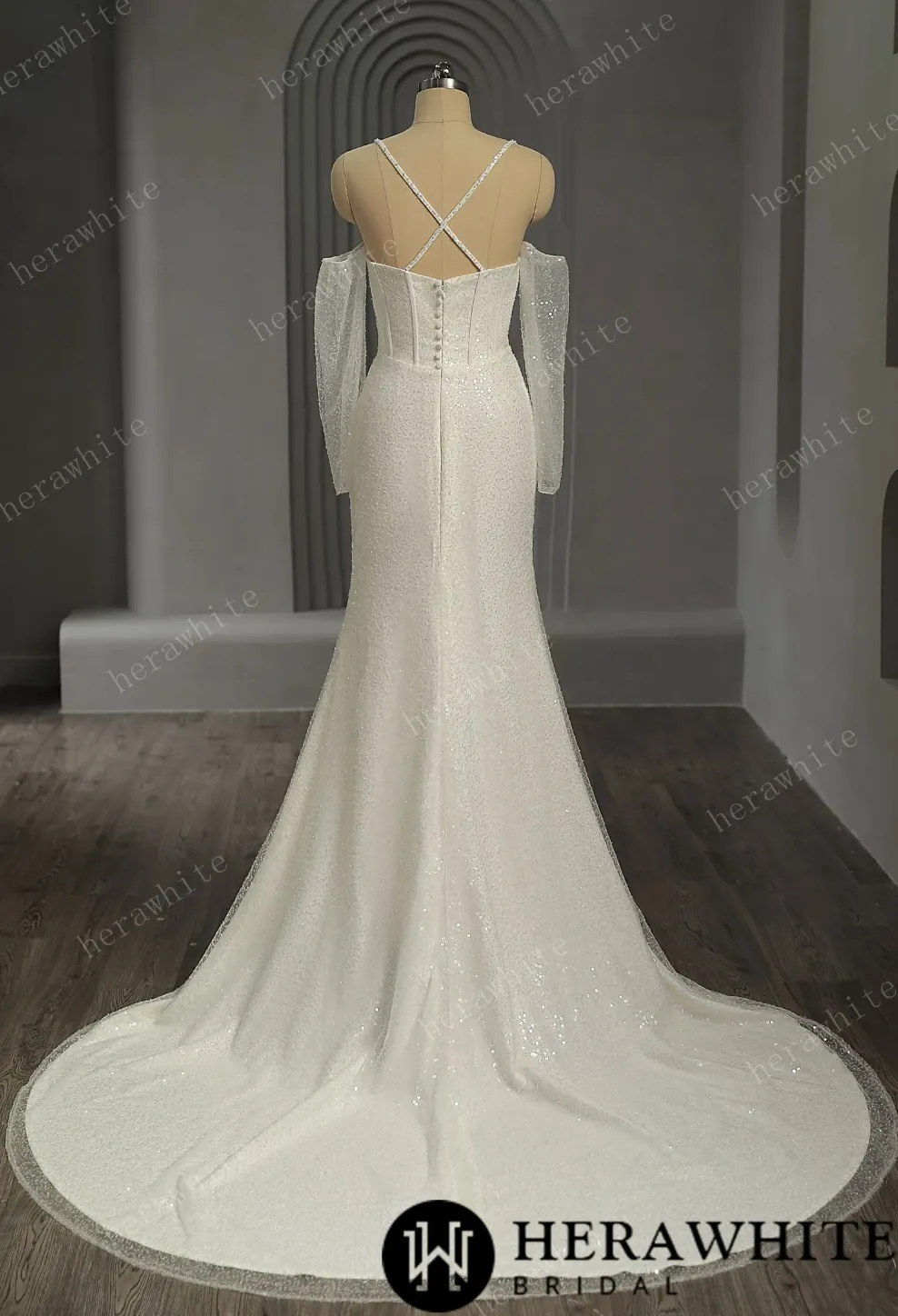 Shiny Beaded Luxury Off-the-Shoulder Wedding Dress With Detachable Sleeves