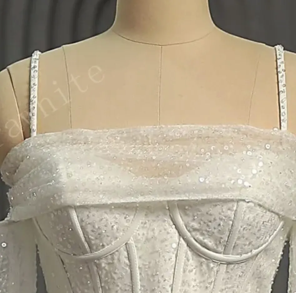 Shiny Beaded Luxury Off-the-Shoulder Wedding Dress With Detachable Sleeves