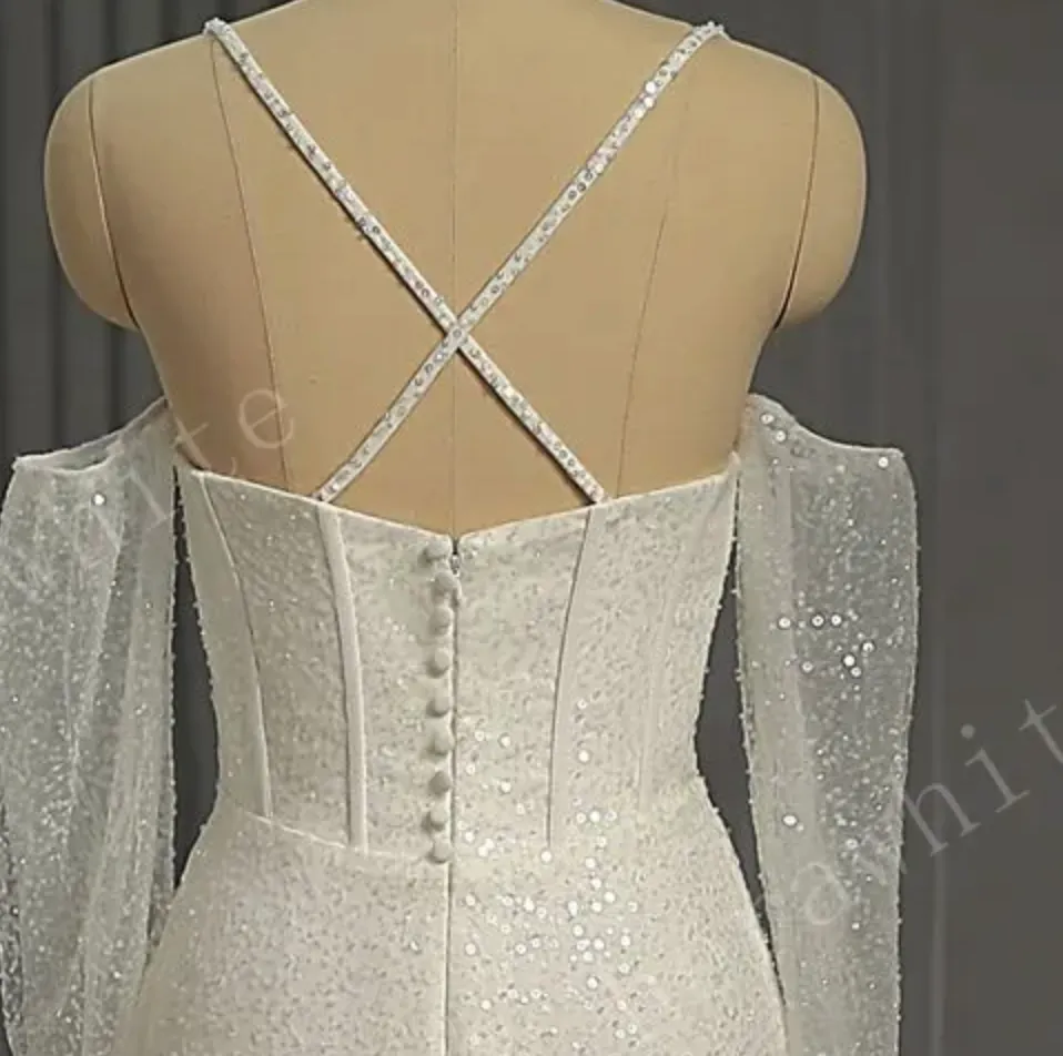 Shiny Beaded Luxury Off-the-Shoulder Wedding Dress With Detachable Sleeves