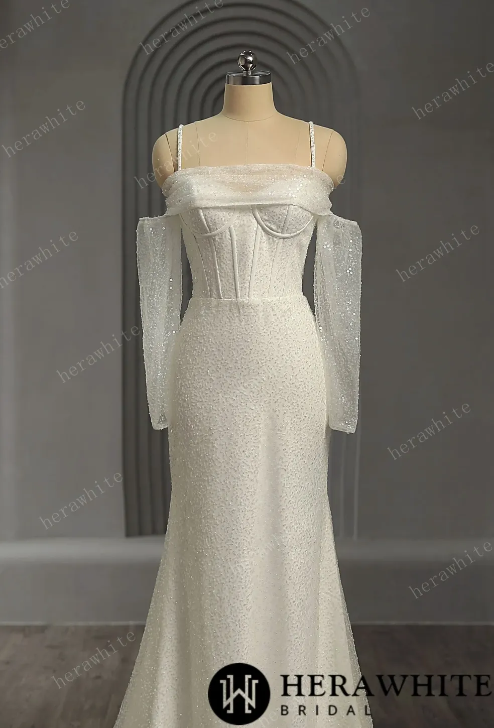 Shiny Beaded Luxury Off-the-Shoulder Wedding Dress With Detachable Sleeves