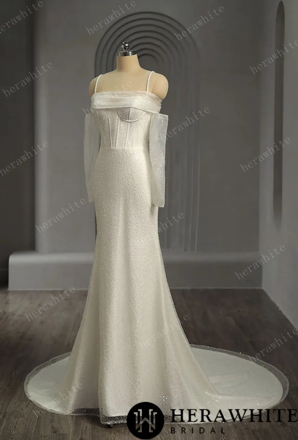 Shiny Beaded Luxury Off-the-Shoulder Wedding Dress With Detachable Sleeves