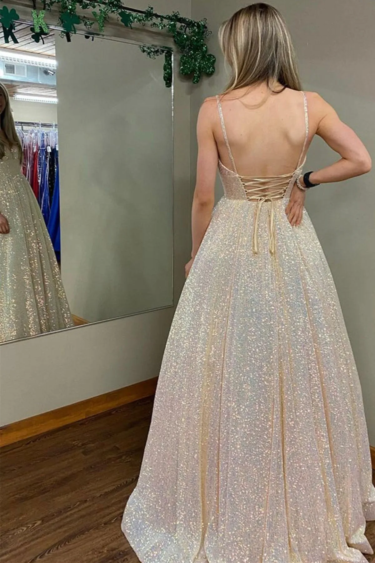 Shiny V Neck Backless Champagne Long Prom Dress, Long Champagne Formal Graduation Evening Dress A1690