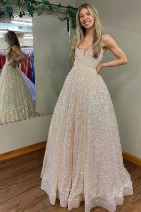 Shiny V Neck Backless Champagne Long Prom Dress, Long Champagne Formal Graduation Evening Dress A1690