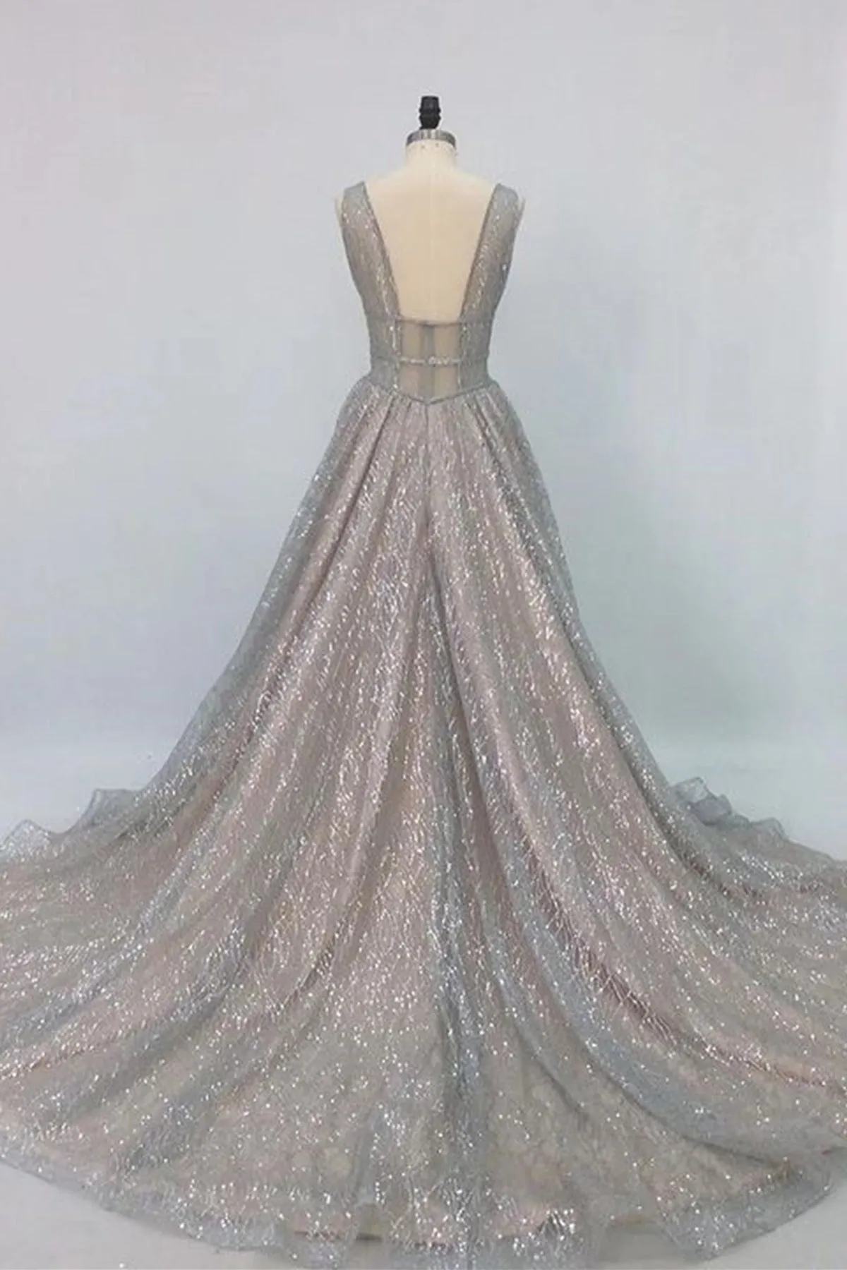 Shiny V Neck Open Back Champagne Long Prom Dresses, Champagne Formal Graduation Evening Dresses A1864