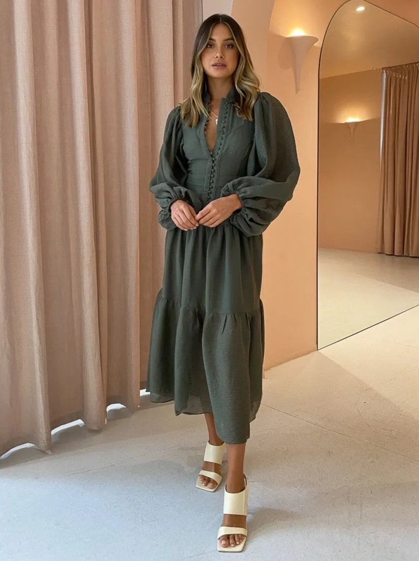 Shona Joy Charlotte High Neck Midi Dress in Khaki