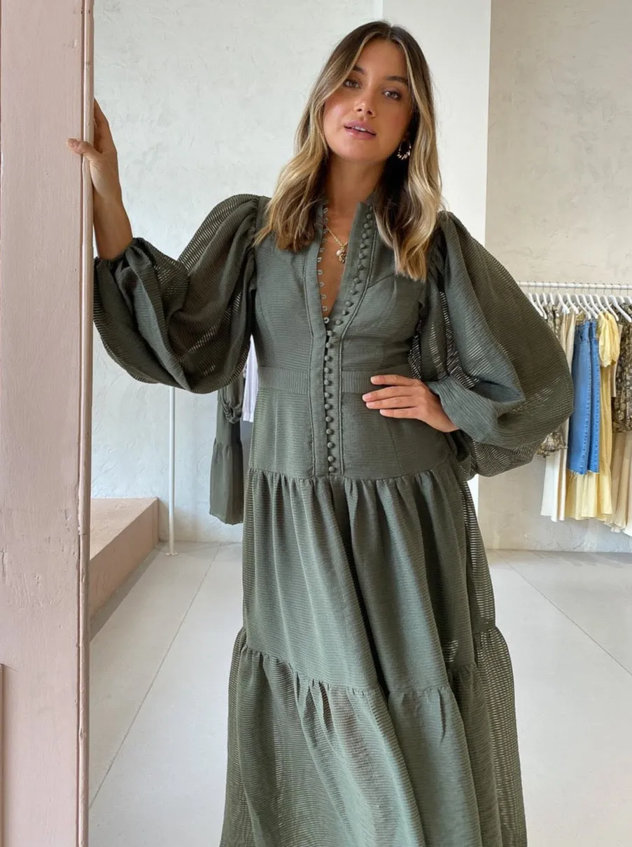 Shona Joy Charlotte High Neck Midi Dress in Khaki