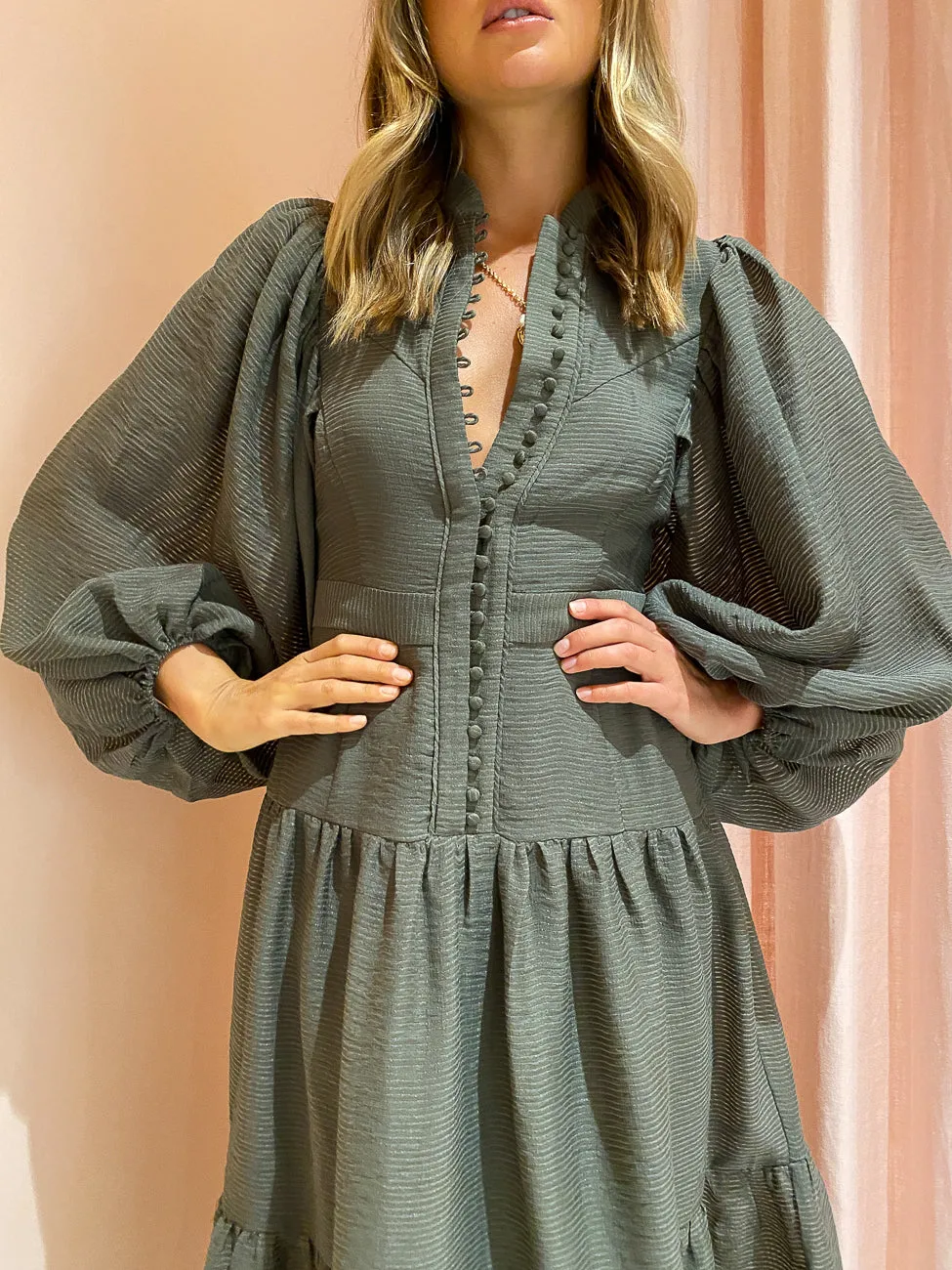Shona Joy Charlotte High Neck Midi Dress in Khaki
