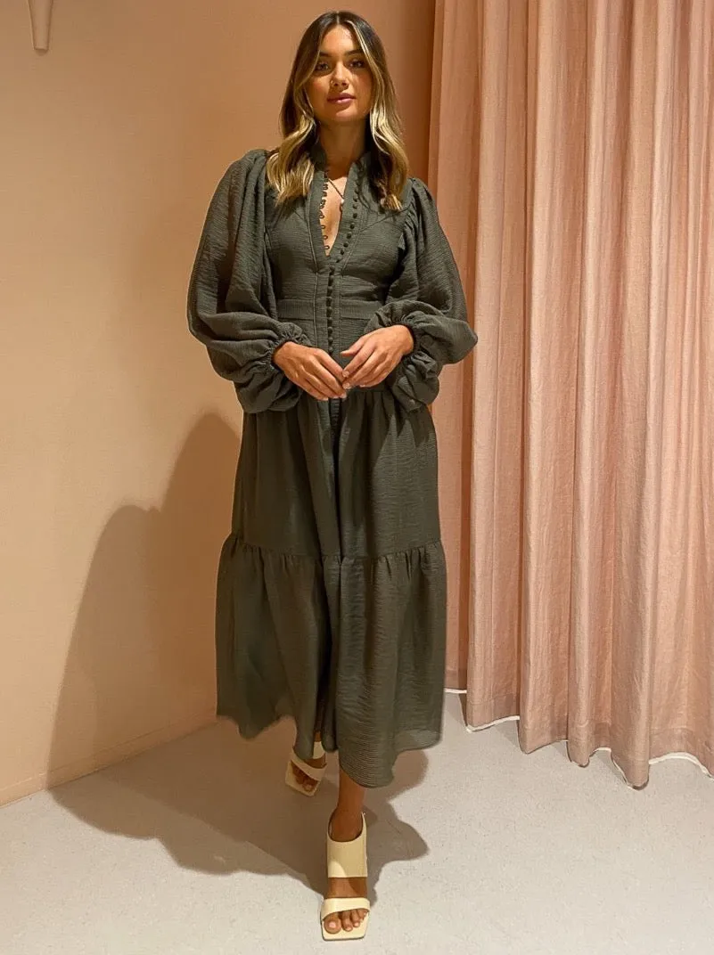 Shona Joy Charlotte High Neck Midi Dress in Khaki