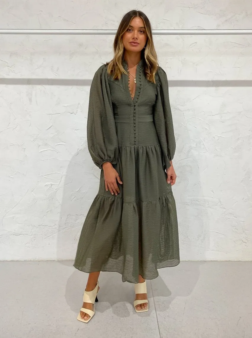 Shona Joy Charlotte High Neck Midi Dress in Khaki