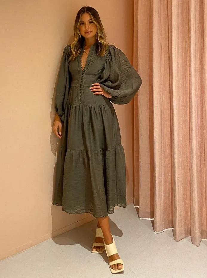 Shona Joy Charlotte High Neck Midi Dress in Khaki