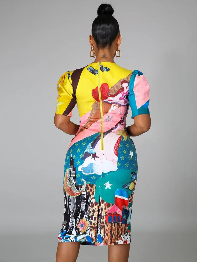 Short Sleeves Figure Print Bodycon Midi Dresses
