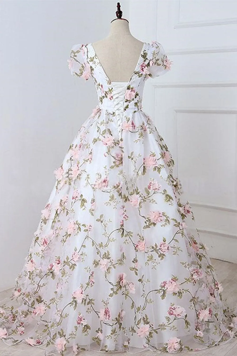 Short Sleeves V Neck Pink 3D Flower White Long Prom Dress, V Neck White Formal Evening Dress with Pink Appliques