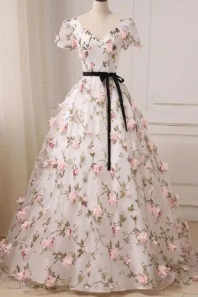 Short Sleeves V Neck Pink 3D Flower White Long Prom Dress, V Neck White Formal Evening Dress with Pink Appliques