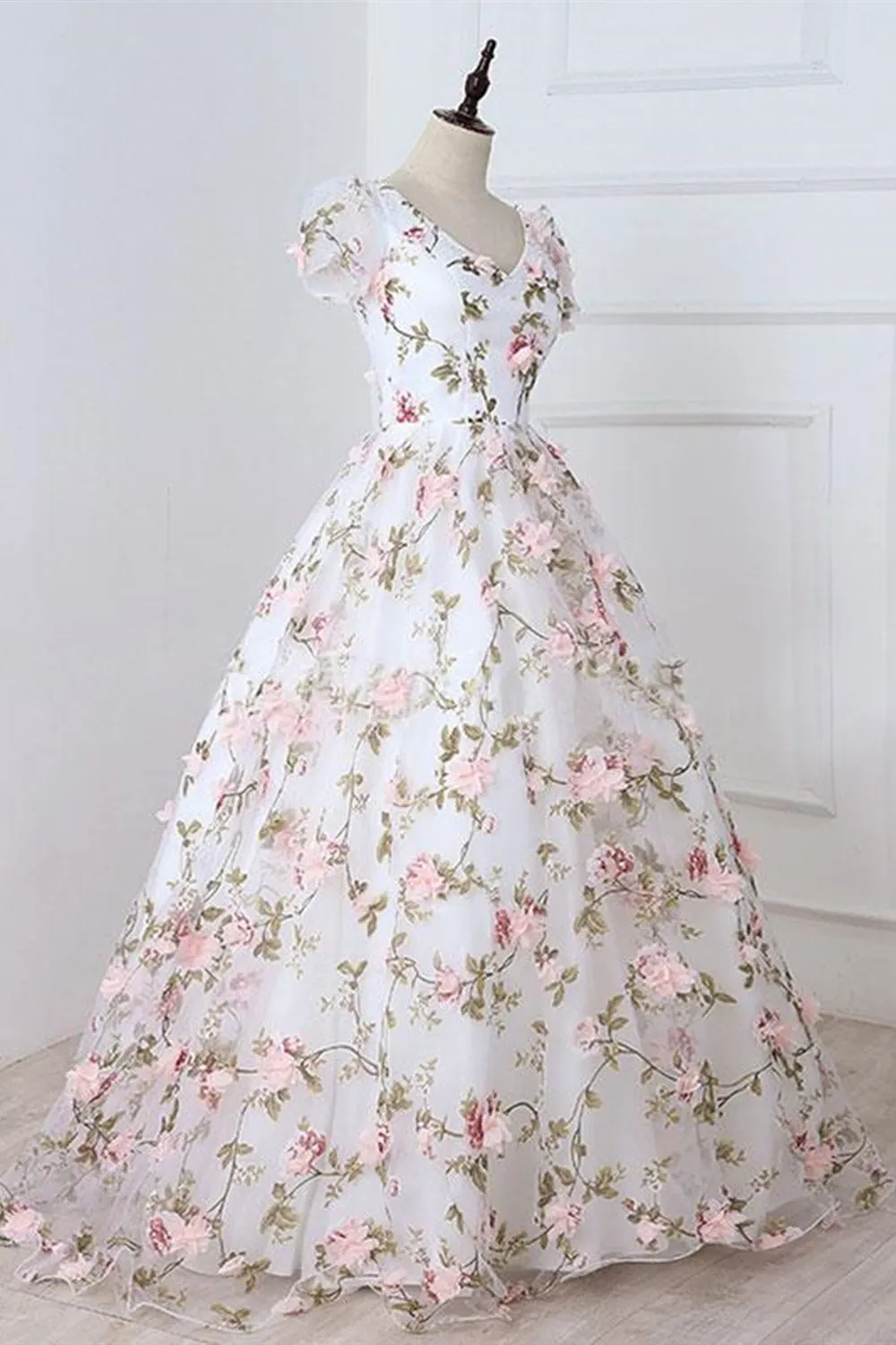 Short Sleeves V Neck Pink 3D Flower White Long Prom Dress, V Neck White Formal Evening Dress with Pink Appliques
