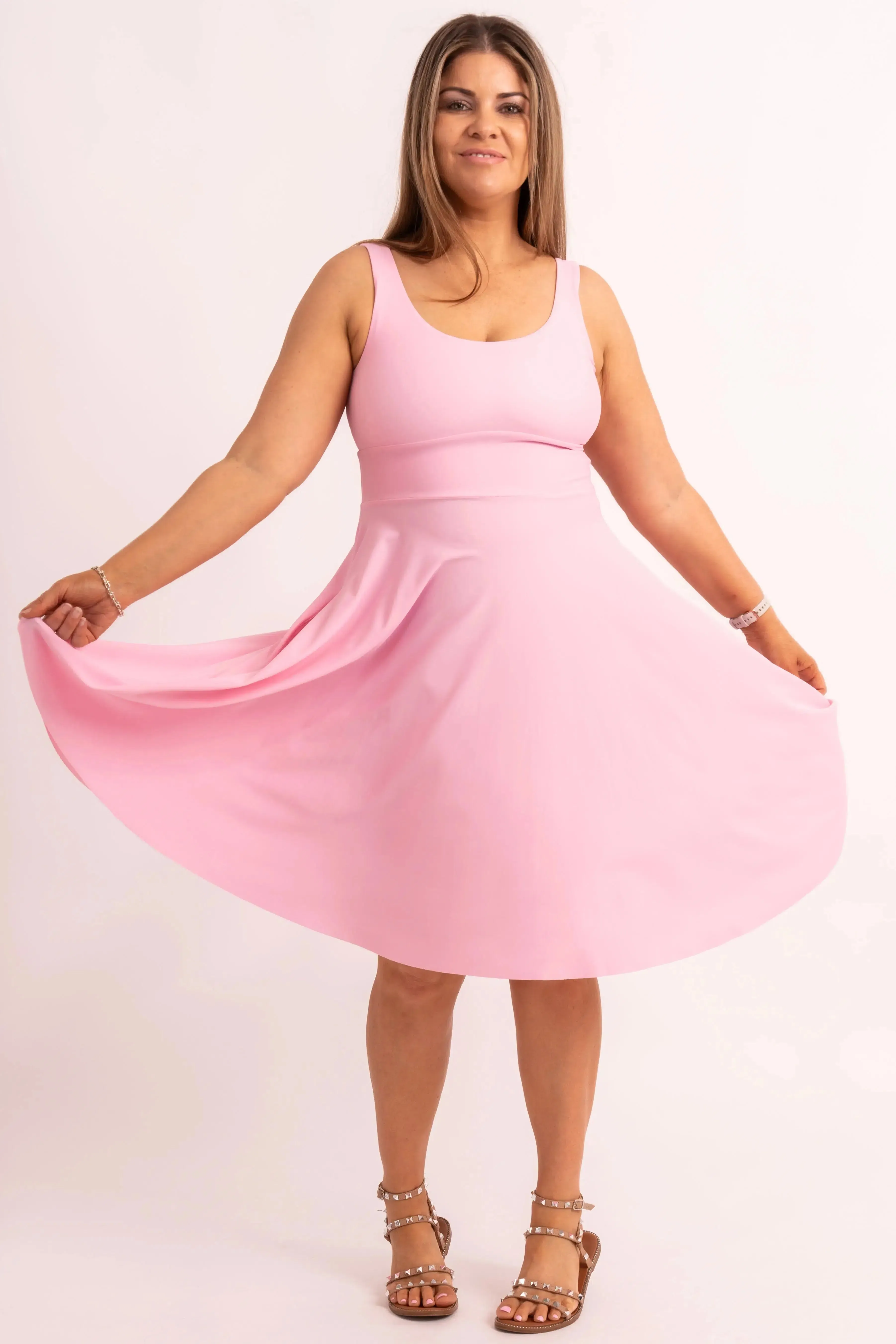 Silky Scoop Neck Comfort Crop Midi Dress W/ Pockets - Pastel Pink