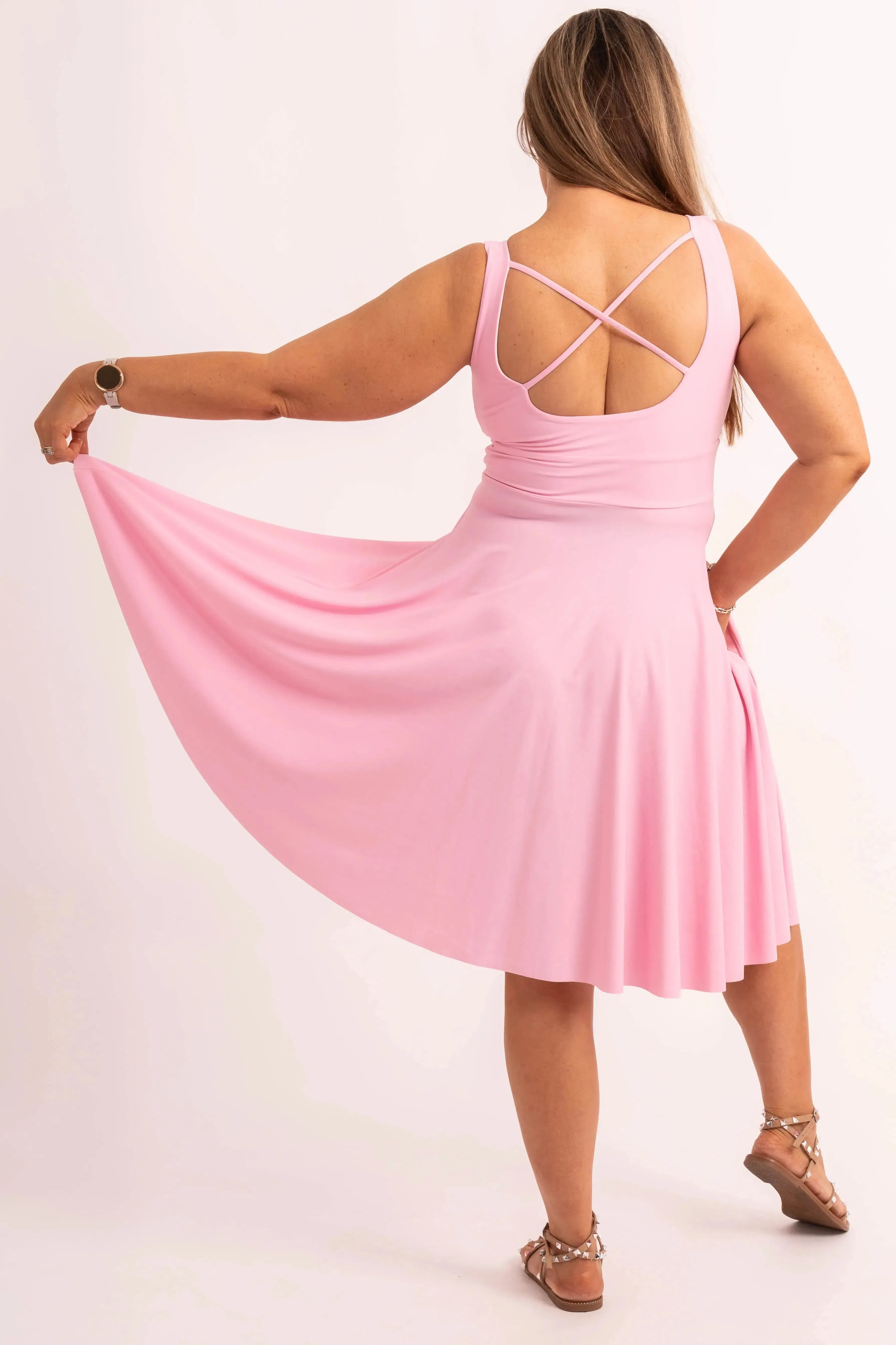 Silky Scoop Neck Comfort Crop Midi Dress W/ Pockets - Pastel Pink