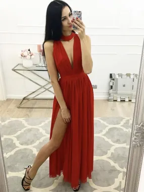 Simple A Line V Neck Red Chiffon Long Prom with Slit, V Neck Red Formal, Red Evening