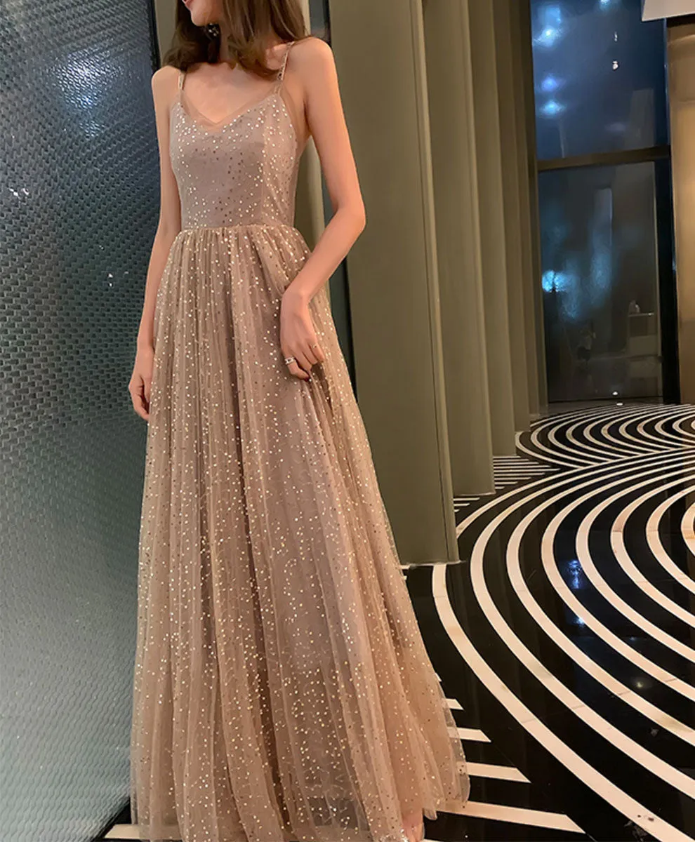 Simple Champagne V Neck Tulle Sequin Long Prom Dress Formal Dress