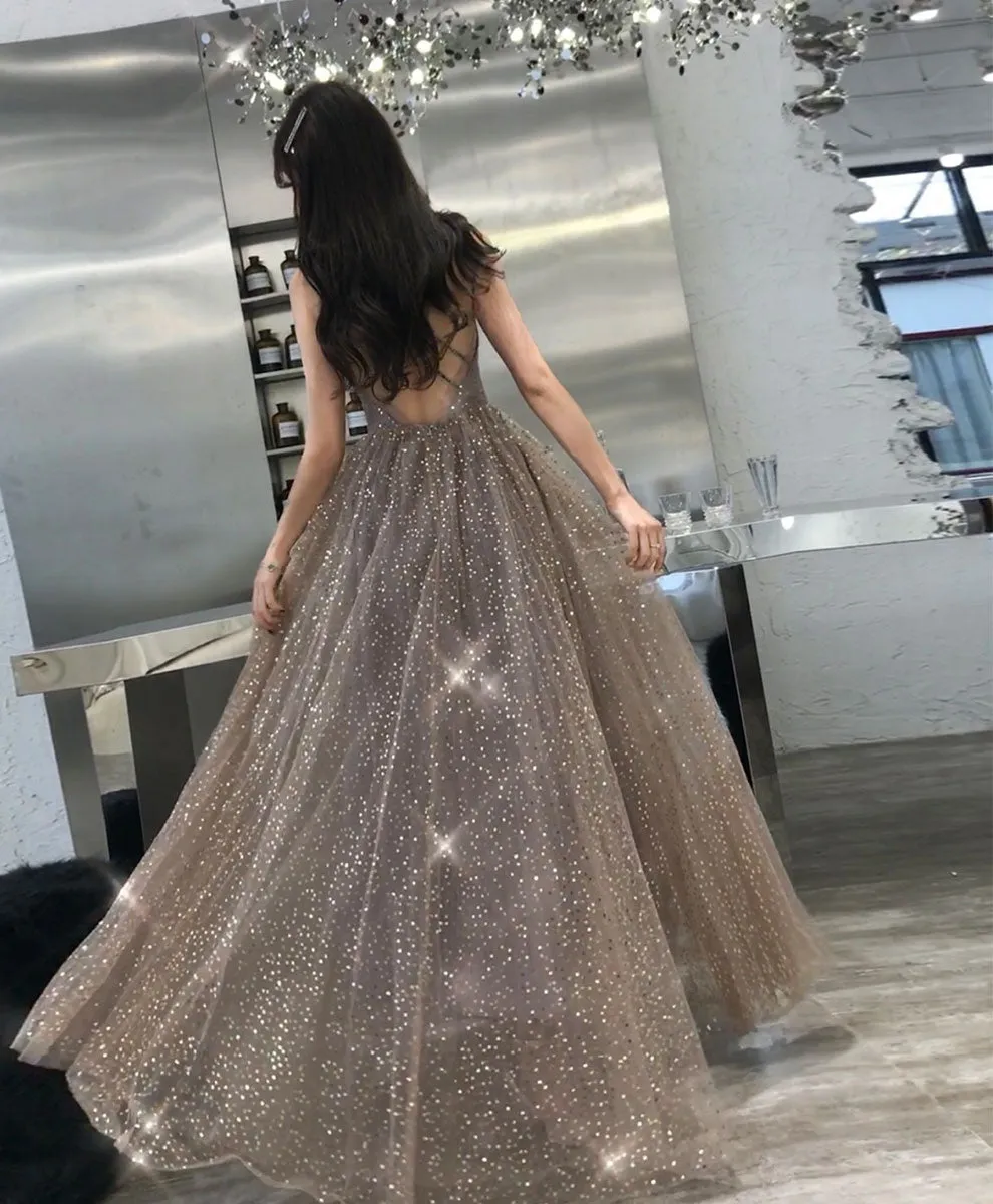 Simple Champagne V Neck Tulle Sequin Long Prom Dress Formal Dress