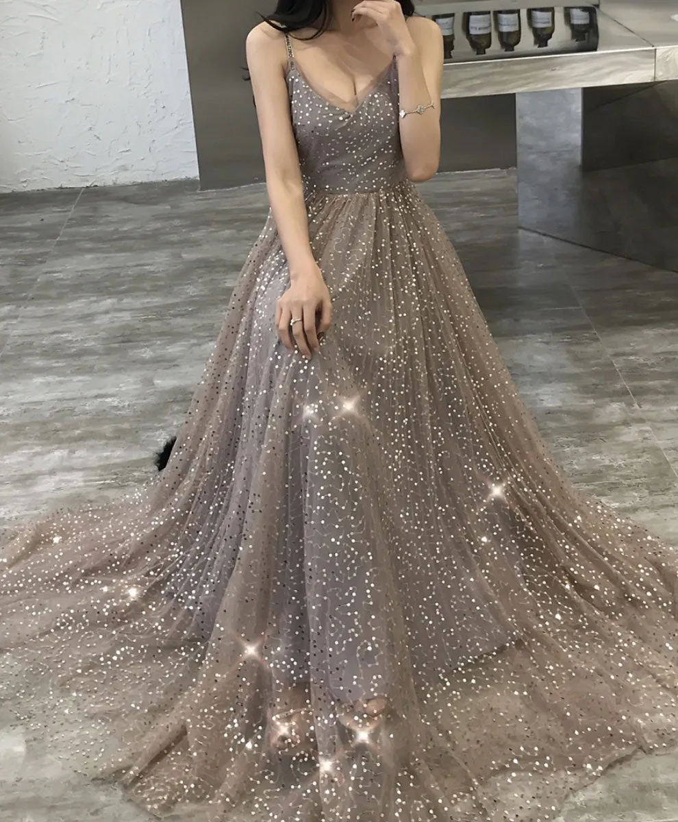 Simple Champagne V Neck Tulle Sequin Long Prom Dress Formal Dress