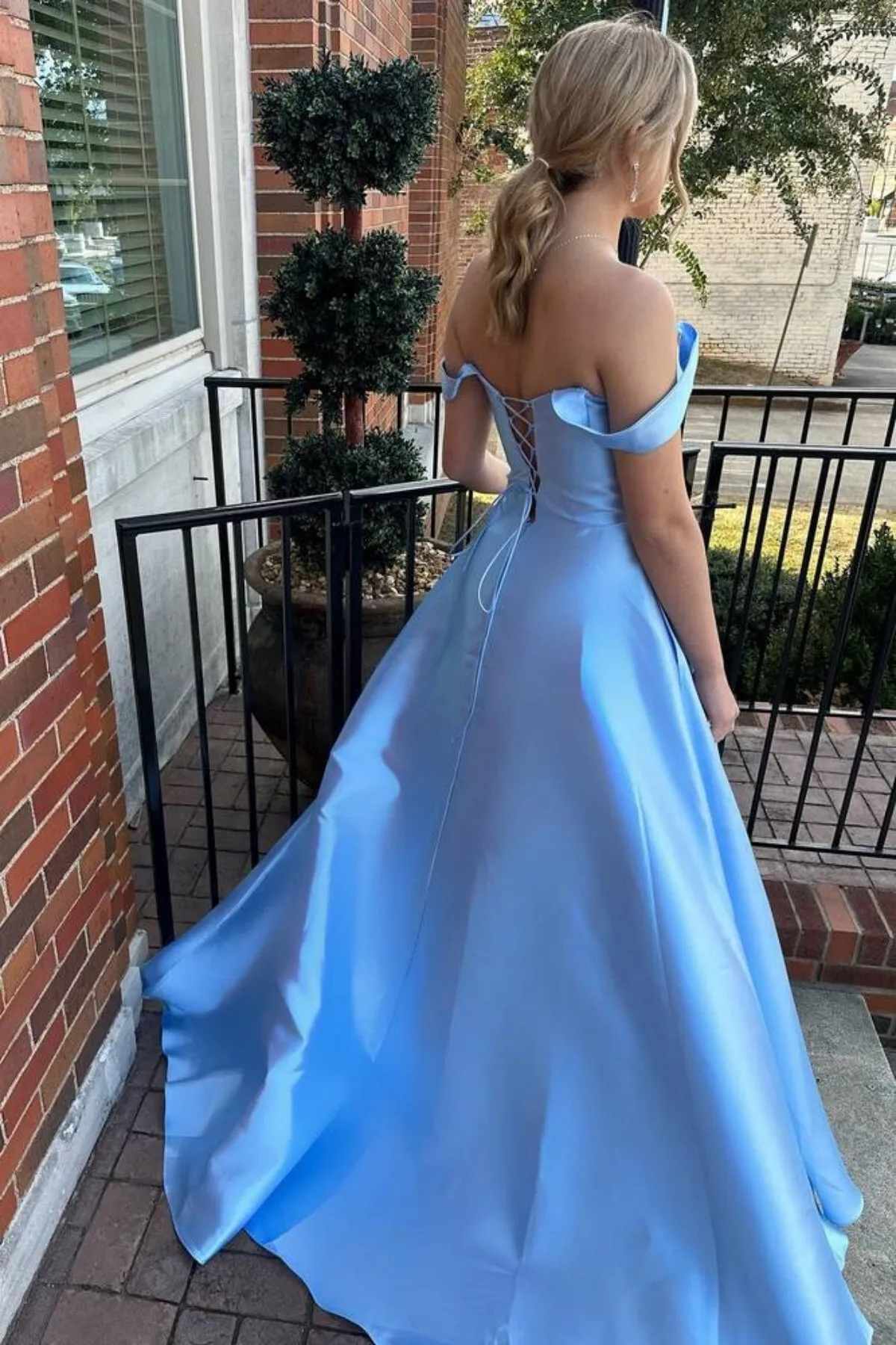 Simple Off Shoulder Light Blue Satin Long Prom Dress, Off the Shoulder Formal Dress, Light Blue Evening Dress A2236