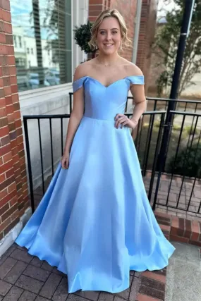 Simple Off Shoulder Light Blue Satin Long Prom Dress, Off the Shoulder Formal Dress, Light Blue Evening Dress A2236