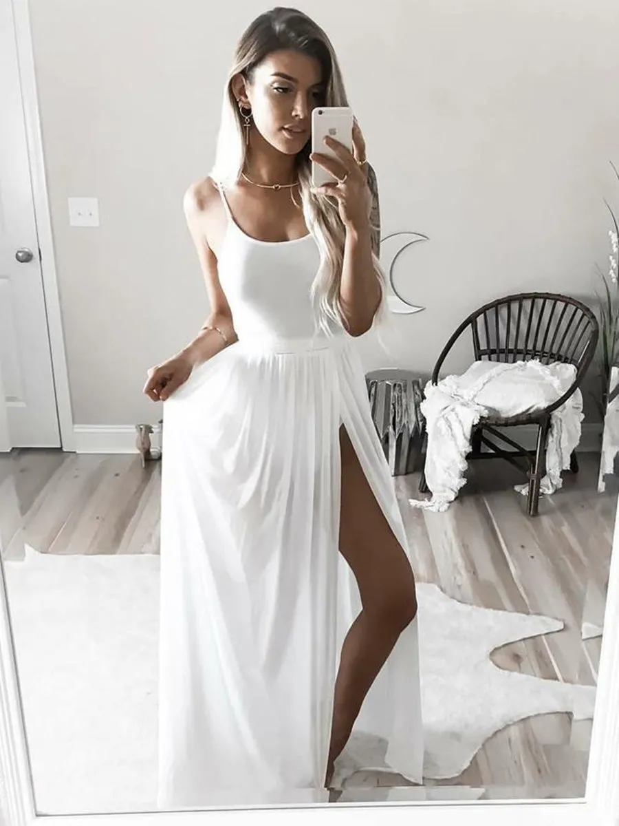 Simple Spaghetti Strap Square Neck White Prom with Side Slit, White Evening, White Formal