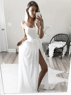 Simple Spaghetti Strap Square Neck White Prom with Side Slit, White Evening, White Formal