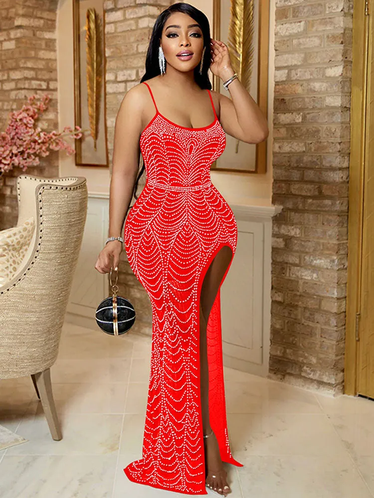 Sleeveless Rhinestone Mesh Patchwork Maxi Dresses