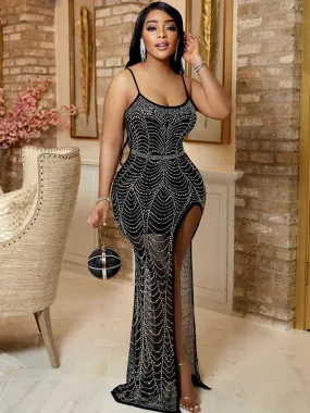Sleeveless Rhinestone Mesh Patchwork Maxi Dresses