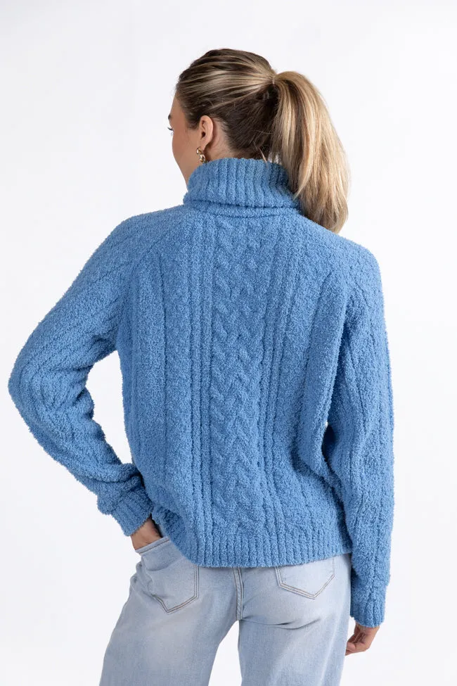 Snow Place Like Home Blue Fuzzy Cable Knit Turtleneck Sweater FINAL SALE