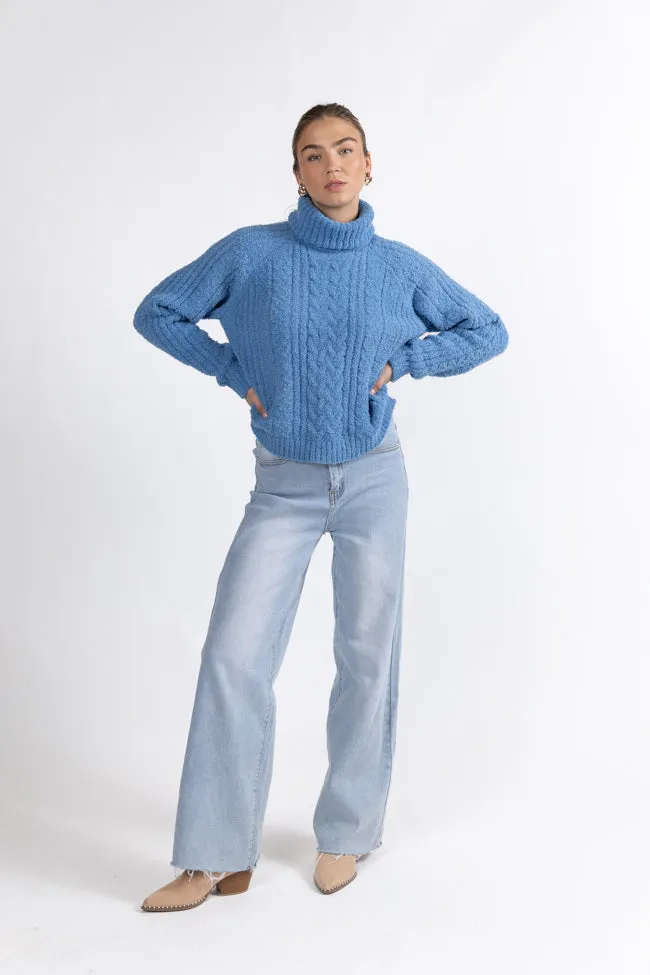 Snow Place Like Home Blue Fuzzy Cable Knit Turtleneck Sweater FINAL SALE