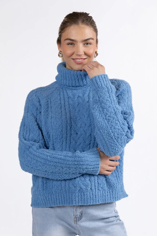 Snow Place Like Home Blue Fuzzy Cable Knit Turtleneck Sweater FINAL SALE