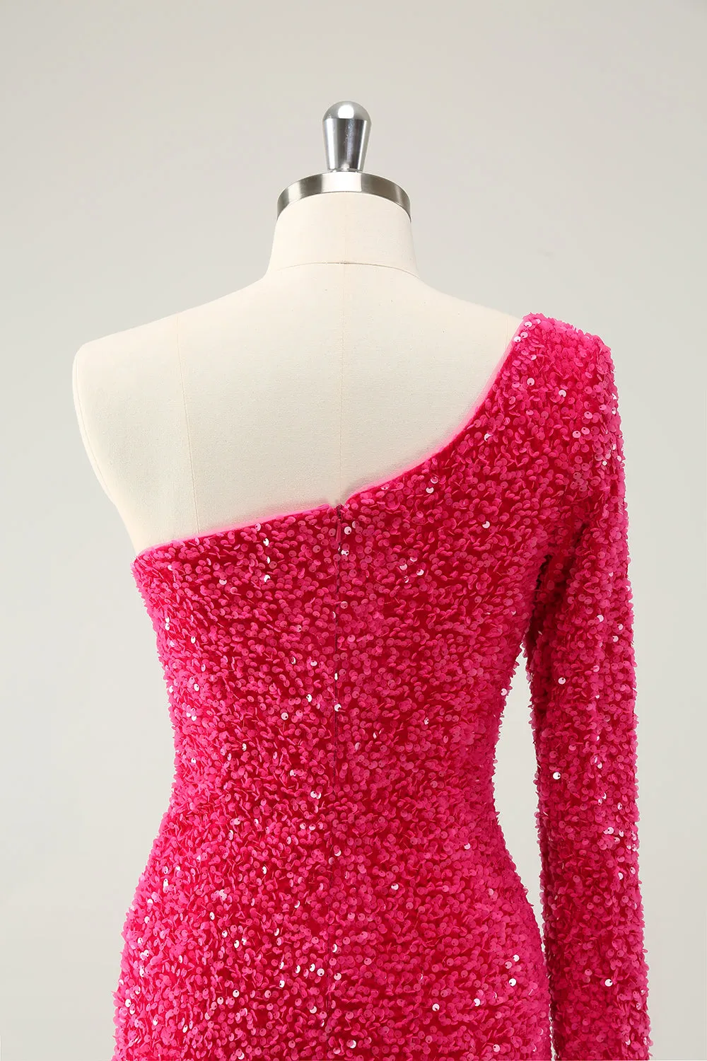 Sparkly Hot Pink Bodycon One Shoulder Long Sleeve Short Homecoming Dress with Slit