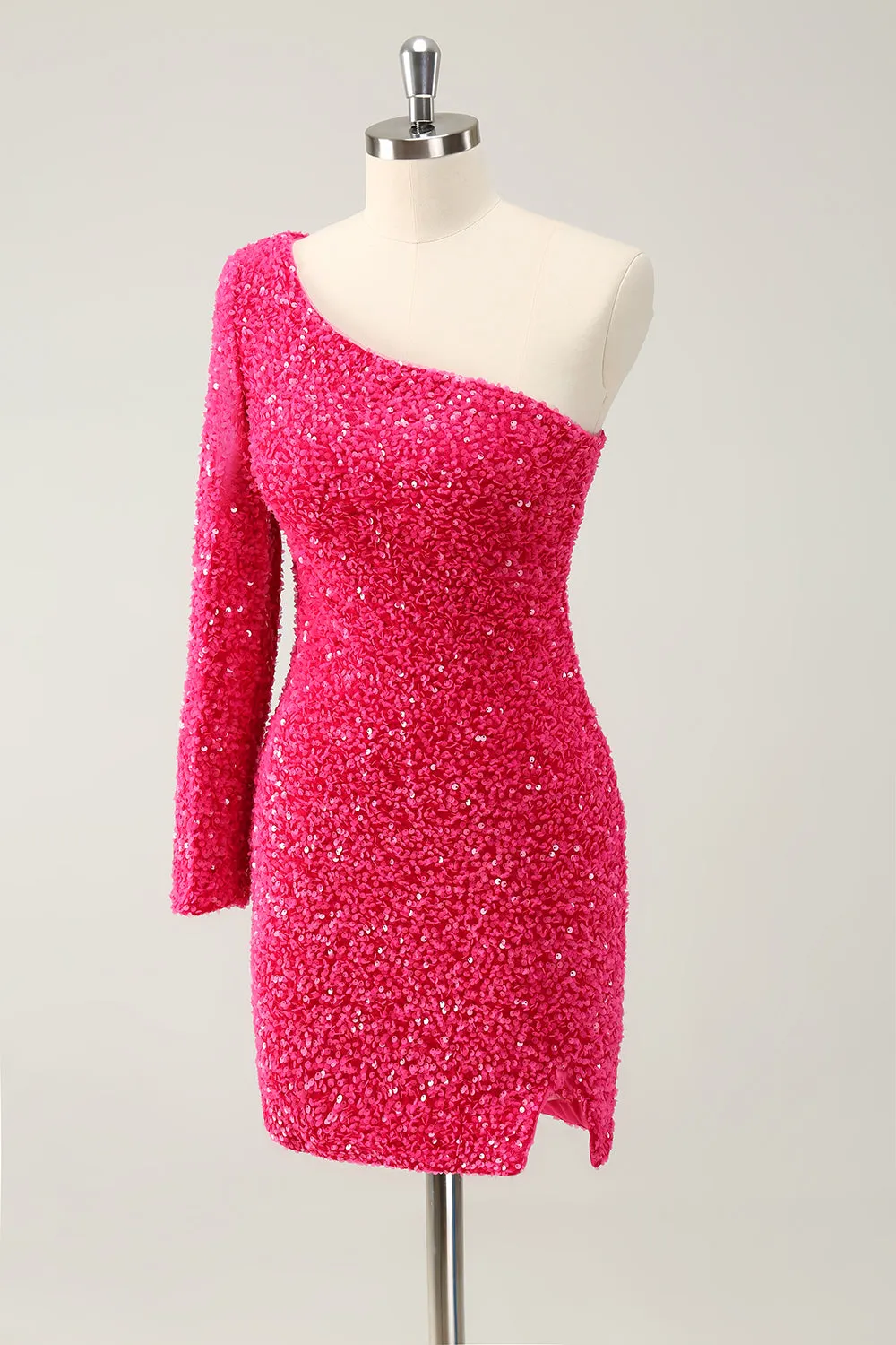 Sparkly Hot Pink Bodycon One Shoulder Long Sleeve Short Homecoming Dress with Slit