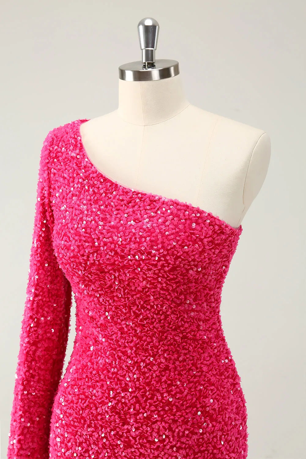 Sparkly Hot Pink Bodycon One Shoulder Long Sleeve Short Homecoming Dress with Slit