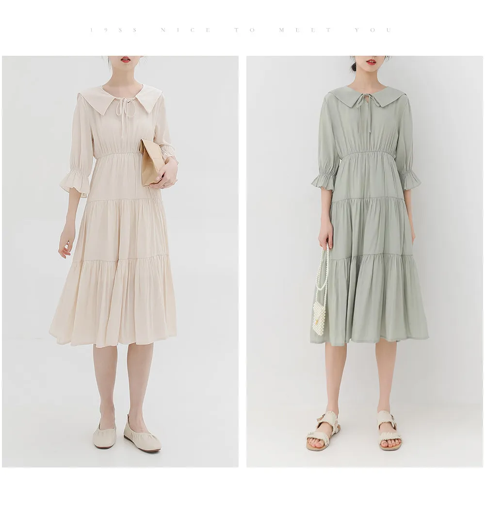 spring new Korean version of Japanese lapel solid color waist dress